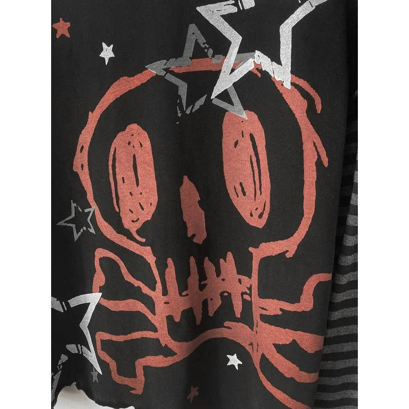 Visual Kei Skull & Crossbones Layered Long Sleeve Top with Striped Sleeves Shoptery