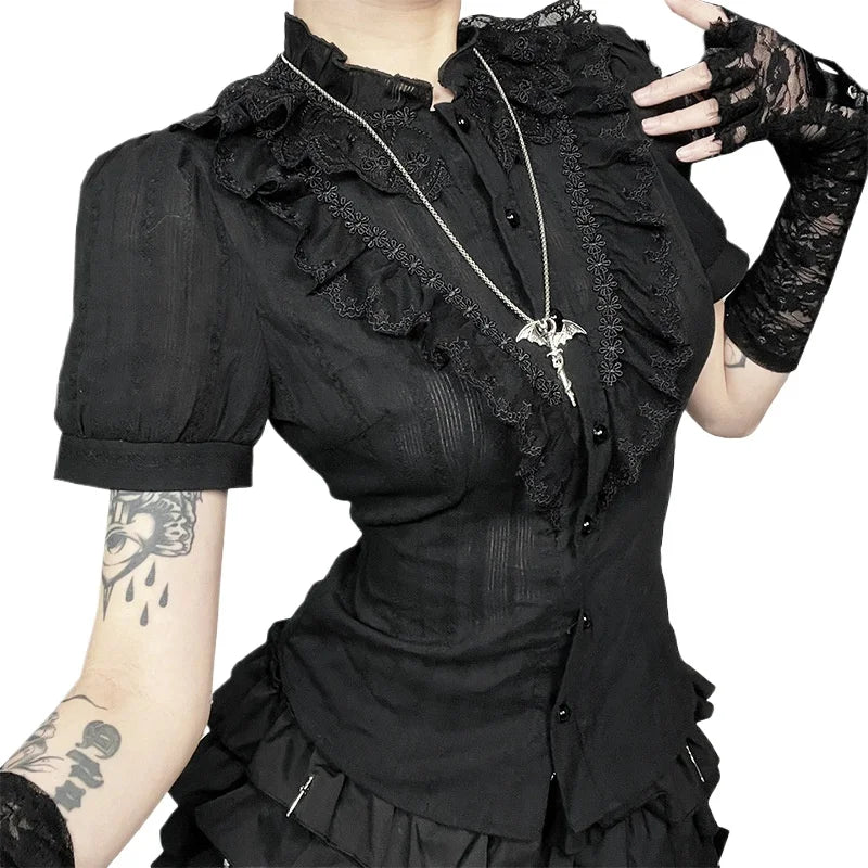 Jirai Kei Black Lace Ruffle Blouse with Bat Cross Necklace Shoptery