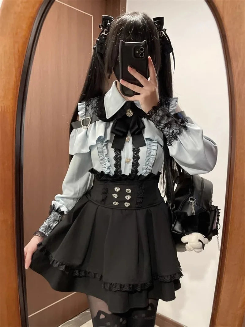 Jirai Kei Red Ruffle Blouse & Black Pleated Skirt Gothic Set Shoptery