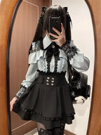 Jirai Kei Red Ruffle Blouse & Black Pleated Skirt Gothic Set Shoptery