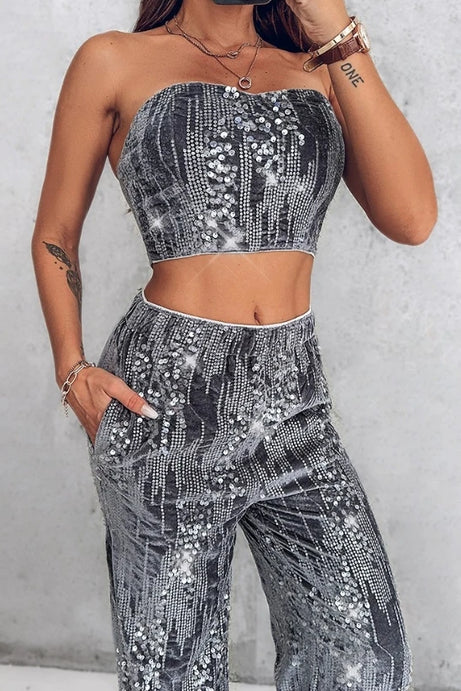 Woman Velvet Contrast Sequin Bandeau Top & Pants Set