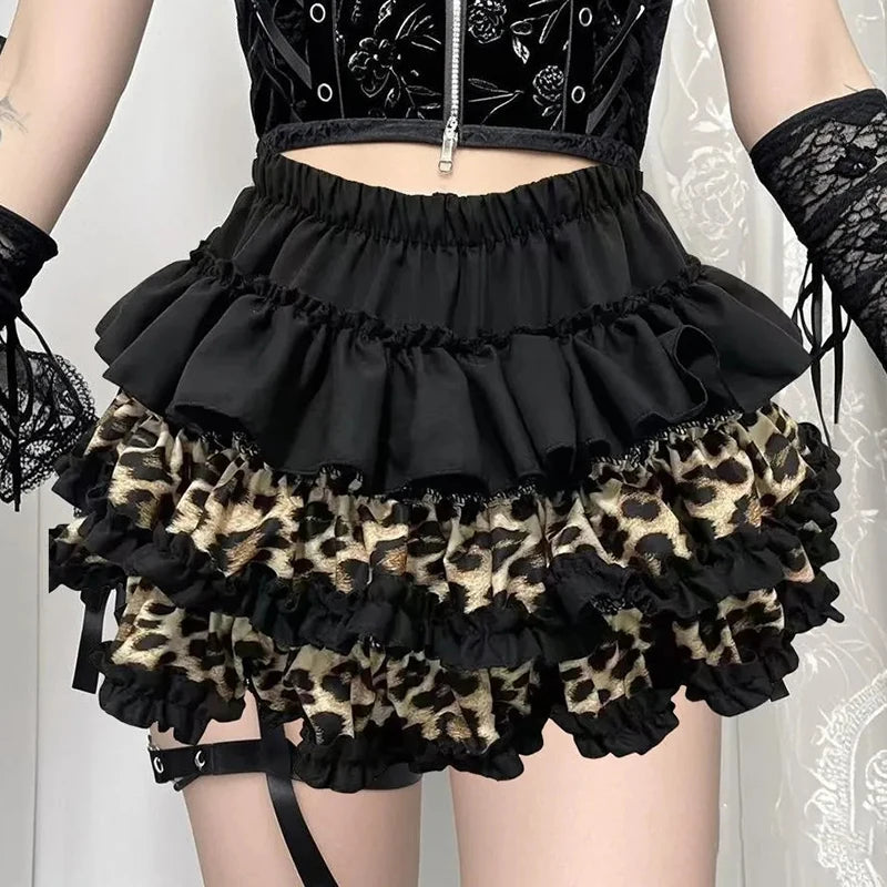 Gyaru Leopard Print Tiered Ruffle Mini Skirt Shoptery