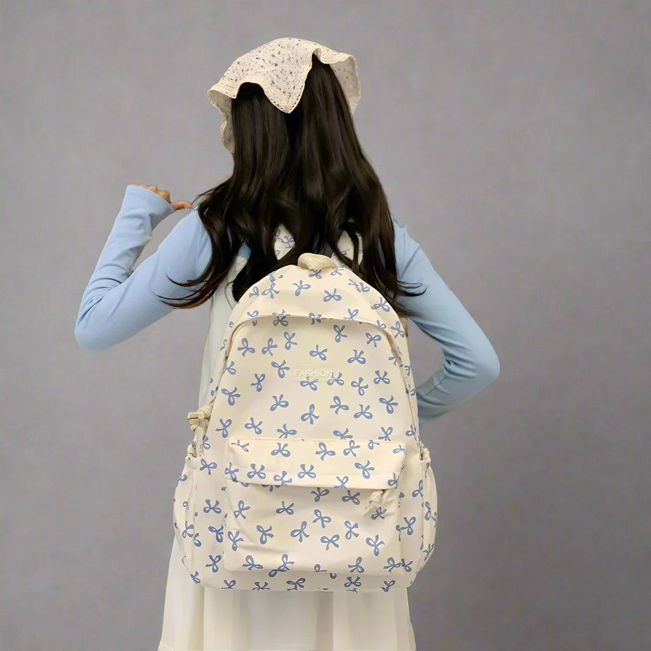 Bow Print Coquette Backpack Blue Shoptery