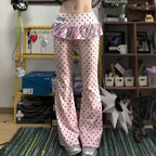 Fairy Kei Star Print Ruffle Flared Pants with Plaid Frill Shoptery