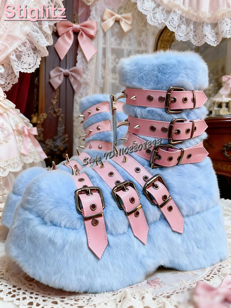Jirai Kei Pastel Faux Fur Platform Boots with Spiked Buckle Straps blue China Mainland Shoptery