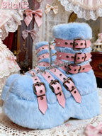 Jirai Kei Pastel Faux Fur Platform Boots with Spiked Buckle Straps blue China Mainland Shoptery