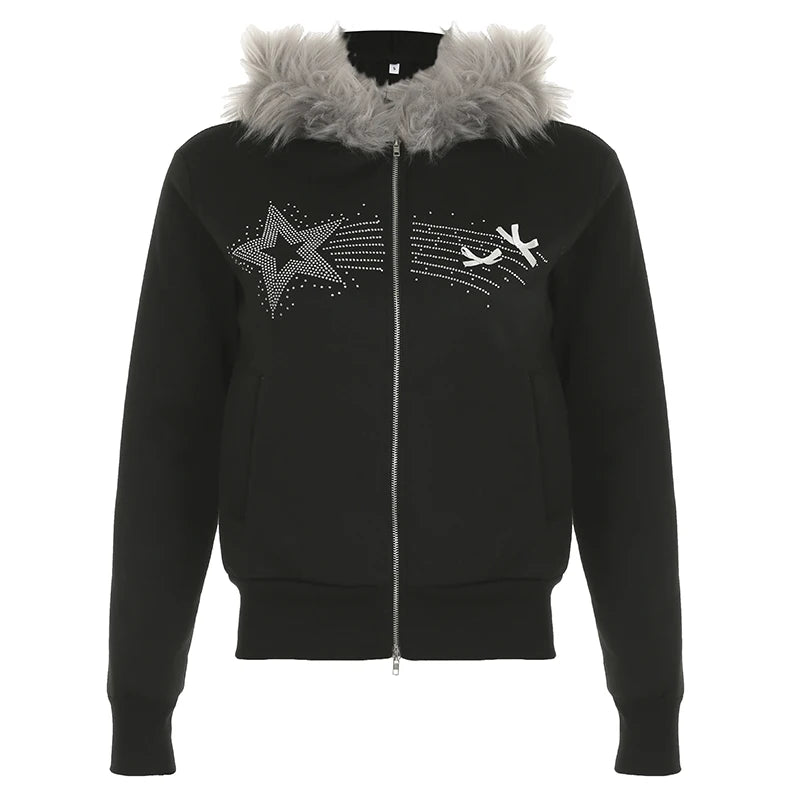 Stardust Glow Fur Hoodie Black Shoptery