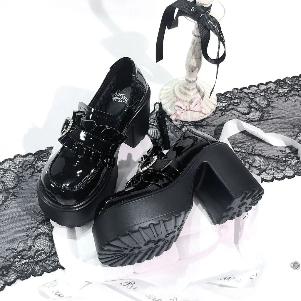 Jirai Kei Black Patent Platform Loafers with Ruffle Heart Buckle Black Shoptery