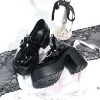 Jirai Kei Black Patent Platform Loafers with Ruffle Heart Buckle Black Shoptery