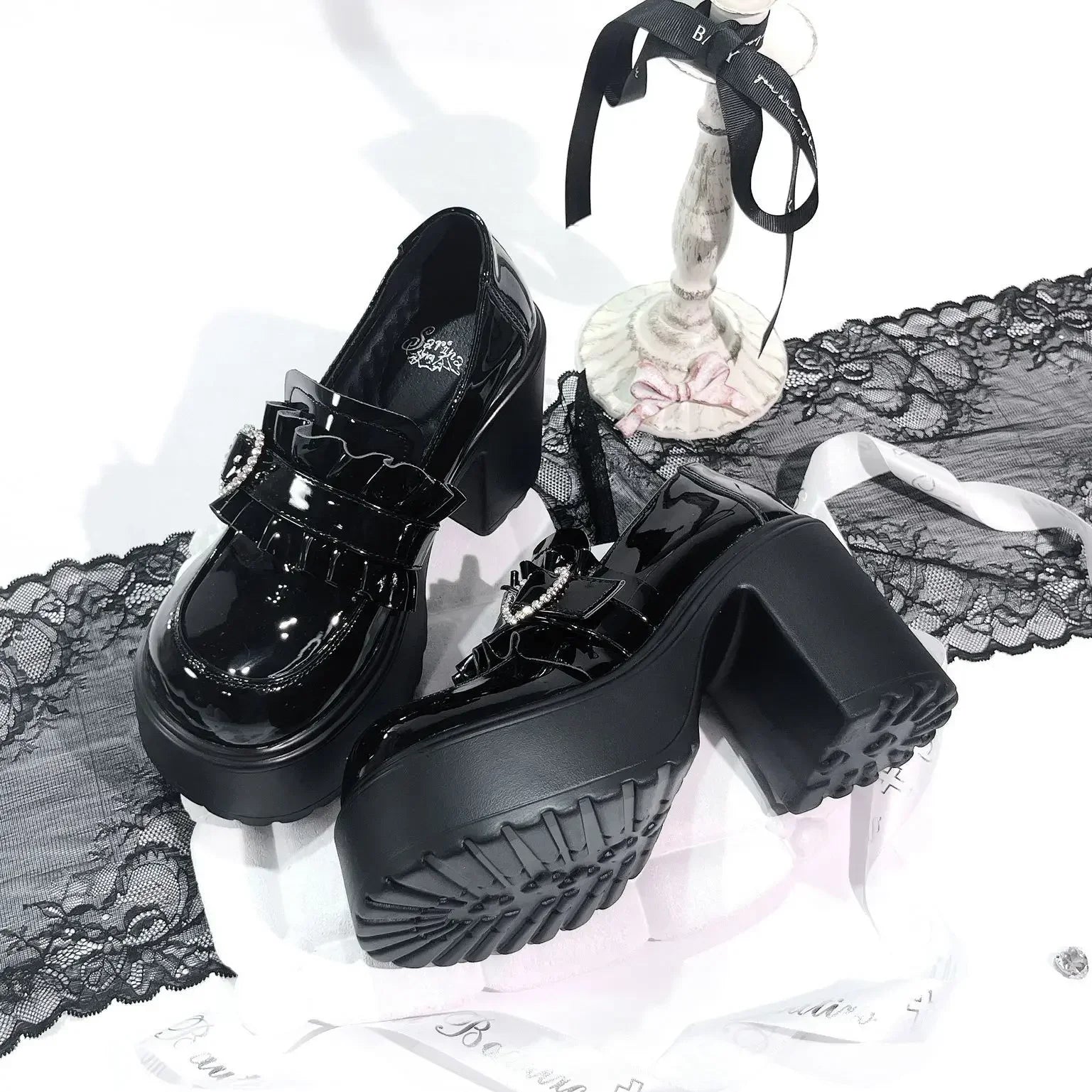 Jirai Kei Black Patent Platform Loafers with Ruffle Heart Buckle Black Shoptery