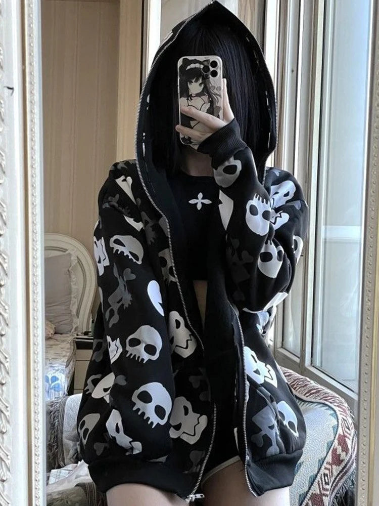 Visual Kei All-Over Skull & Crossbones Cross Zip-Up Hoodie Shoptery