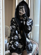 Visual Kei All-Over Skull & Crossbones Cross Zip-Up Hoodie Shoptery