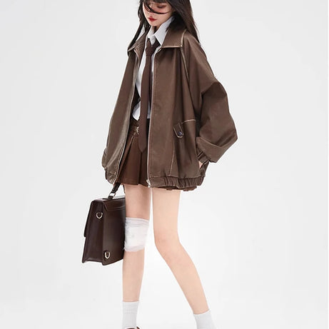 Autumn Scholar Zip Retro Jacket Brown Shoptery