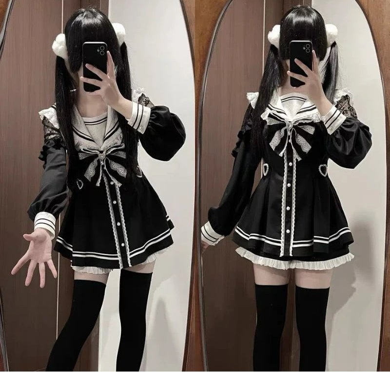 Jirai Kei Sailor Collar Lace Bow Pearl Button Mini Dress Secondary image