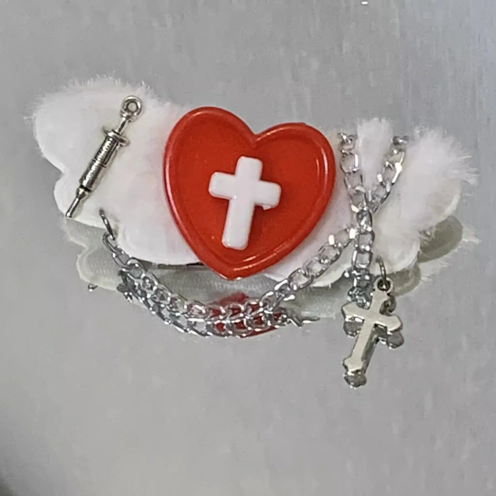 Menhera Cross Heart Wing Hair Clips with Syringe & Pill Charms white red Shoptery