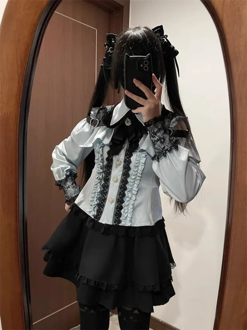 Jirai Kei Red Ruffle Blouse & Black Pleated Skirt Gothic Set Shoptery