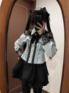 Jirai Kei Red Ruffle Blouse & Black Pleated Skirt Gothic Set Shoptery