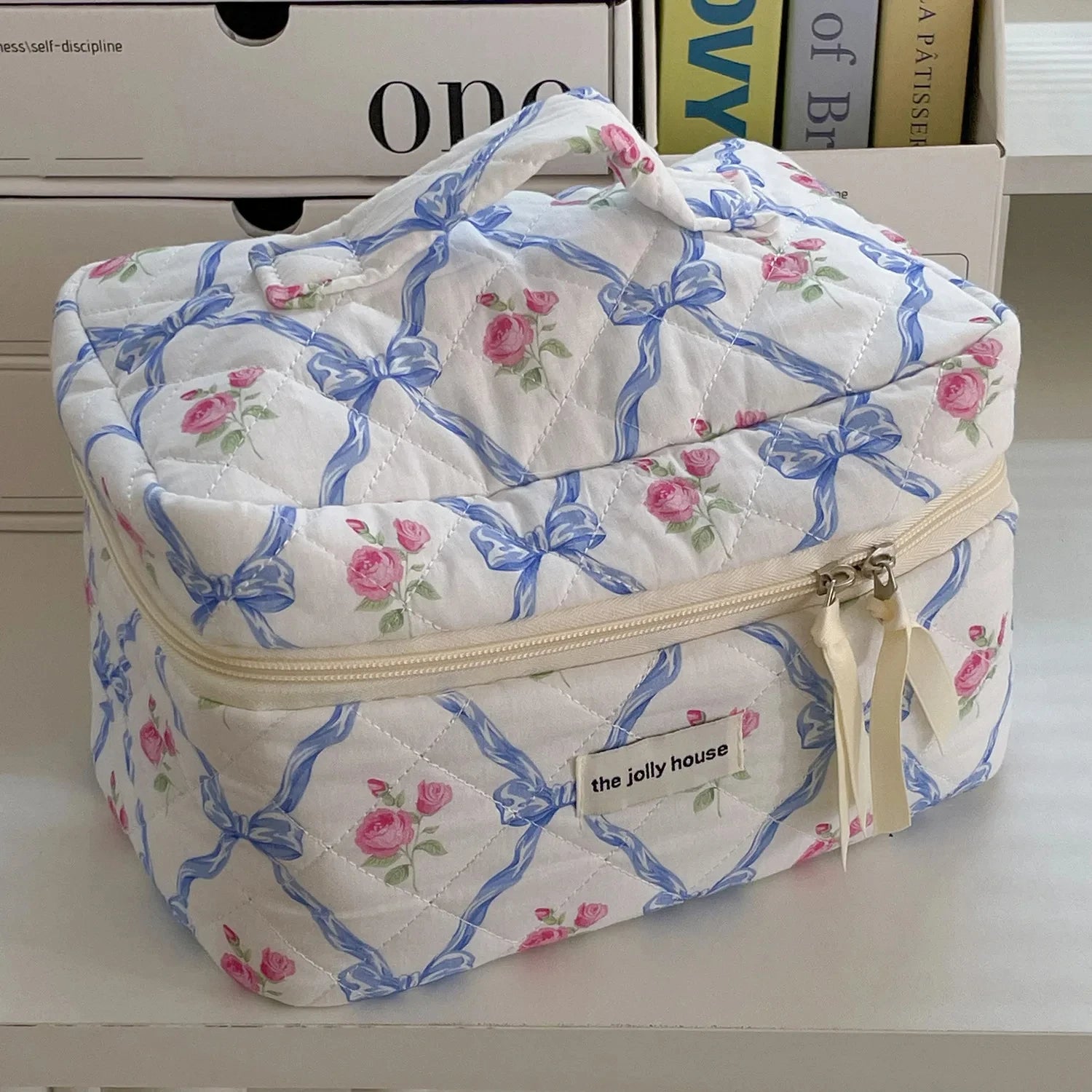 Retro Bow Bloom Coquette Makeup Bags Blue-A Shoptery