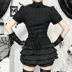 Jirai Kei Black Lace Ruffle Blouse with Bat Cross Necklace Shoptery
