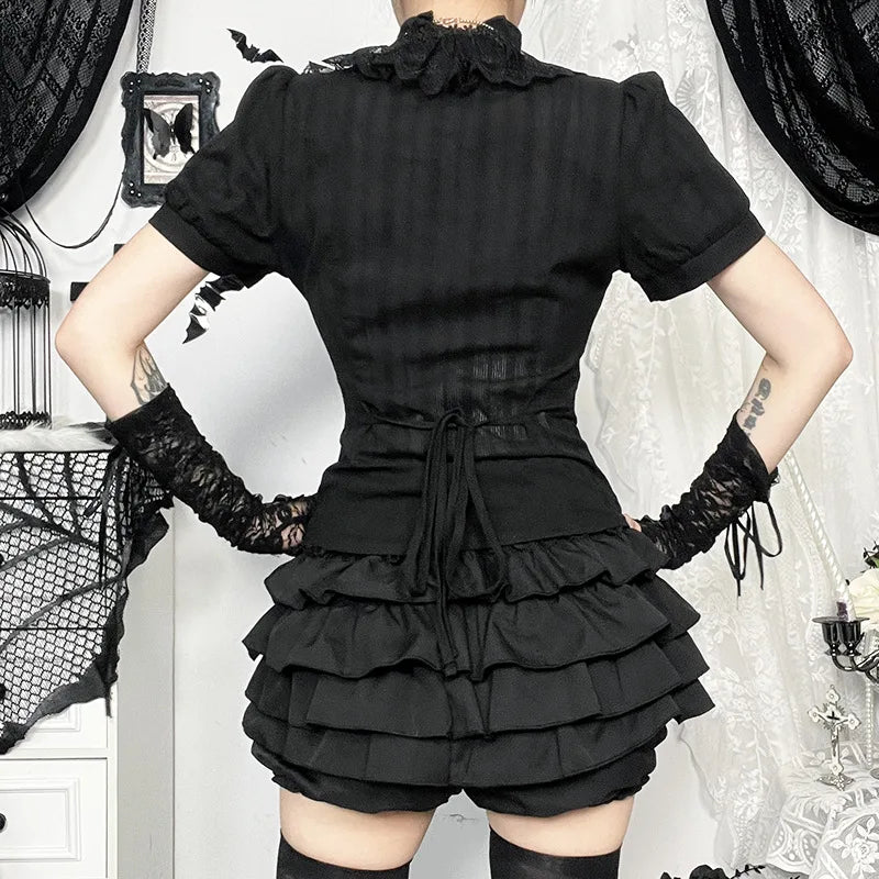 Jirai Kei Black Lace Ruffle Blouse with Bat Cross Necklace Shoptery