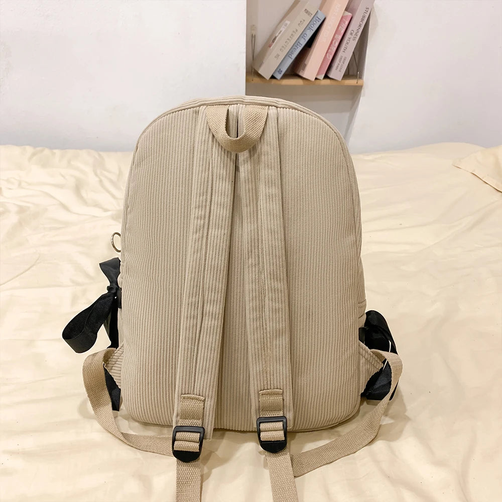 Jirai Kei Corduroy Ribbon Bow Backpack in Cream and Beige Shoptery
