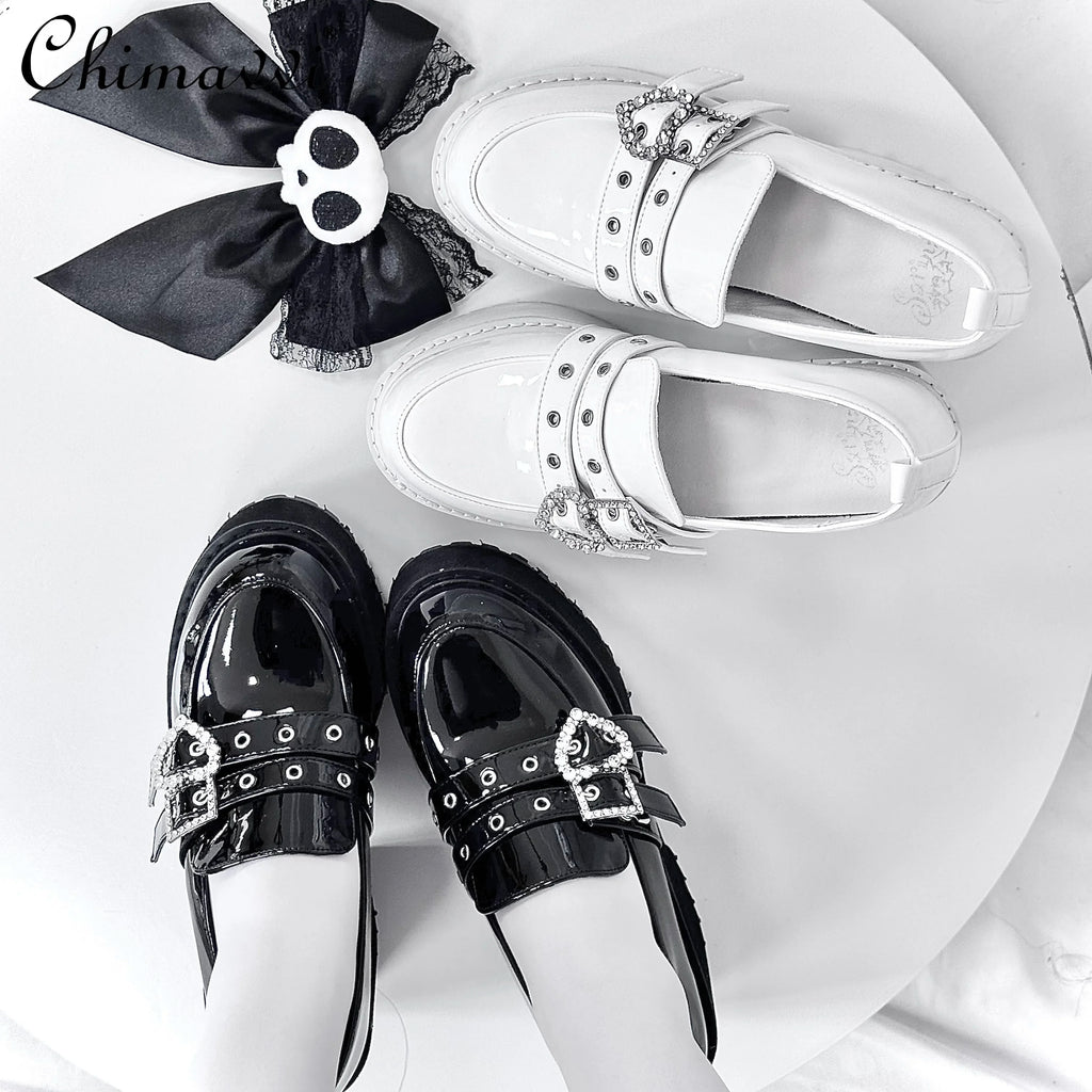 Jirai Kei Patent Platform Loafers with Rhinestone Heart Buckle Shoptery