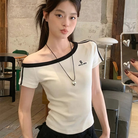 Aesthetic Off-Shoulder Sporty Stripe Top Shoptery