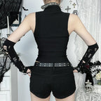 Visual Kei Black Lace-Up Corset Vest with Arm Warmers Set Shoptery