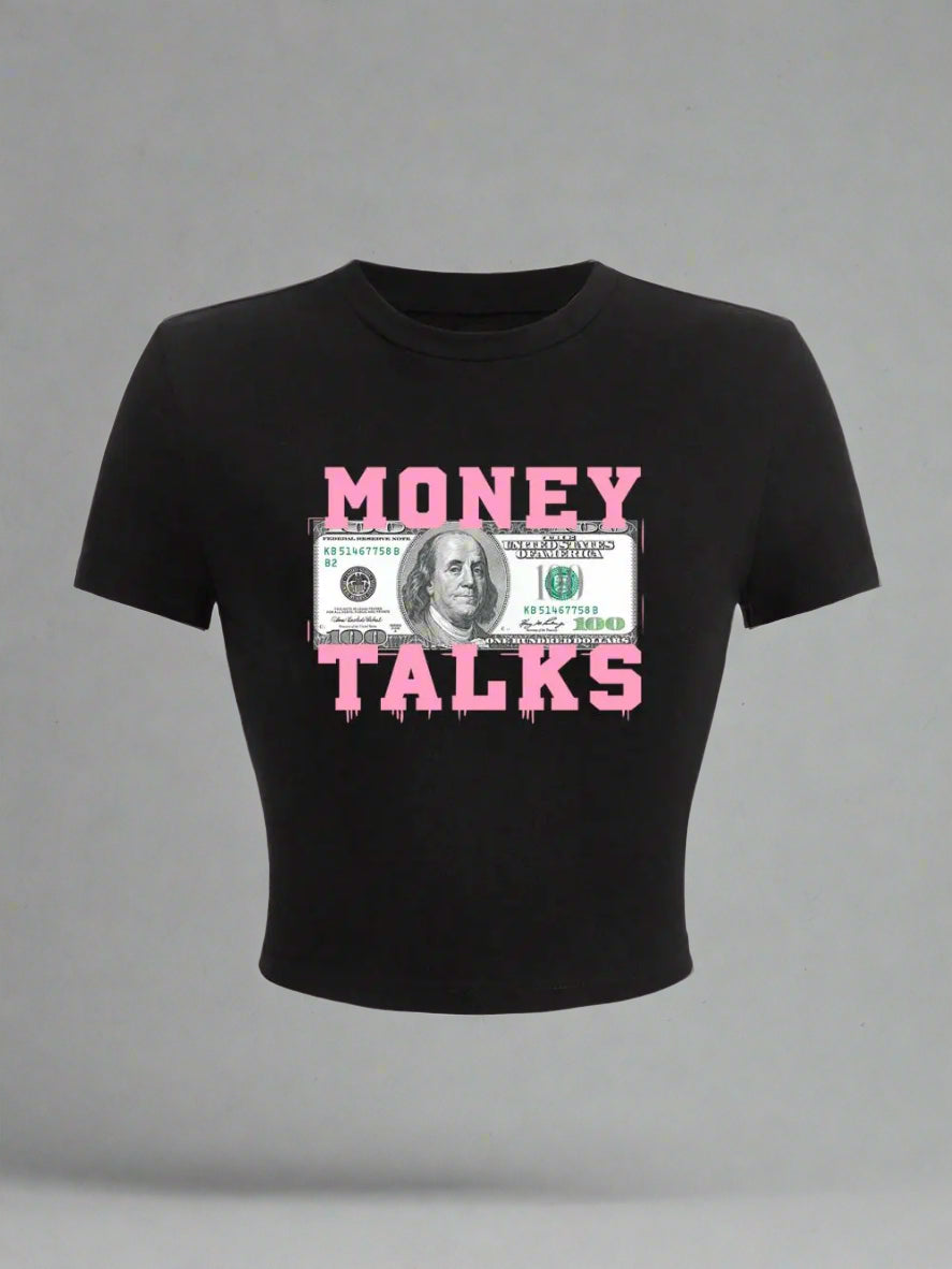 Money Talks Graphic Y2k Crop Top Black Shoptery