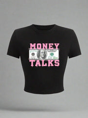 Money Talks Graphic Y2k Crop Top Black Shoptery