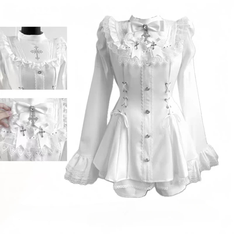 Jirai Kei Gothic Cross Lace Ruffle Blouse & Shorts Set 318 White Shoptery