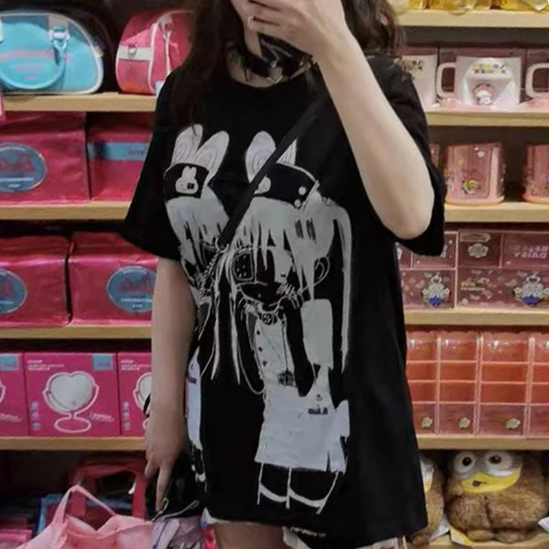 Jirai Kei Twin Bunny Girl Anime Graphic Layered T-Shirt Dress Shoptery