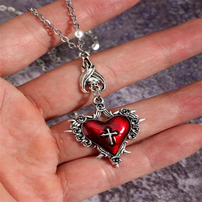 Visual Kei Gothic Cross Heart Thorn Rose Silver Pendant Necklace Red3 Shoptery