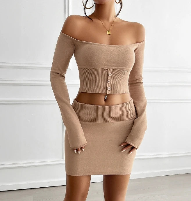 Women's Fit Color Woven Backless Top Hip Hugging Skirt Set