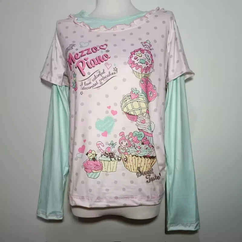 Fairy Kei Pastell Cupcake Sanrio Print Mehrlagiges Langarm-Oberteil Zweitbild