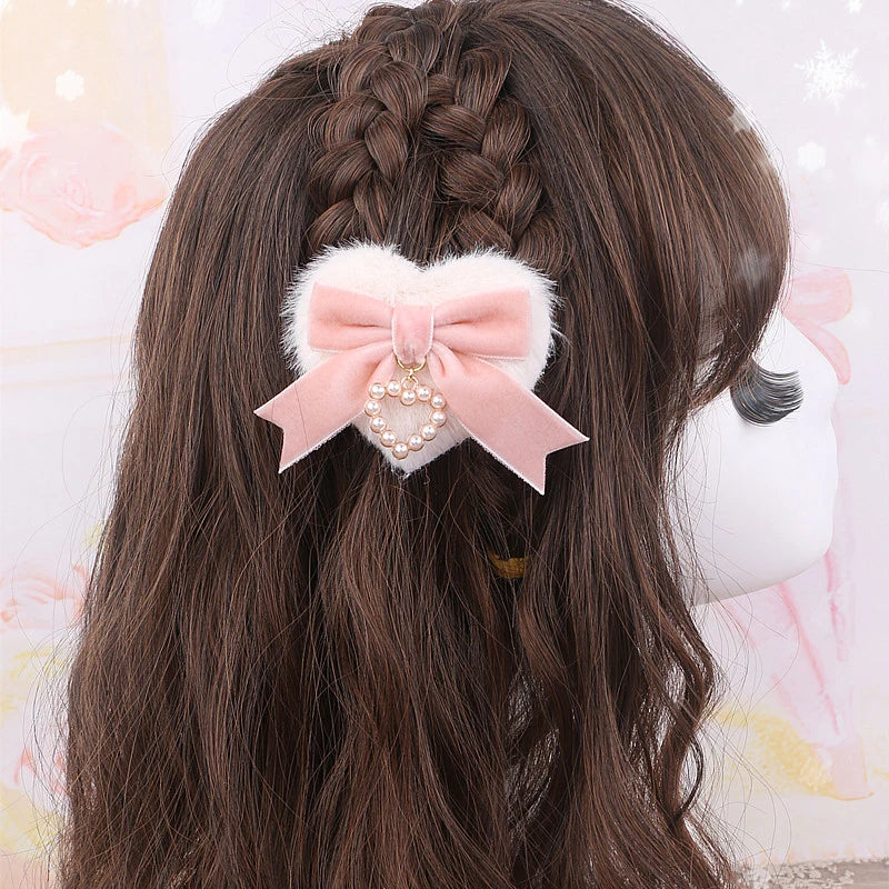 Jirai Kei Fluffy Heart Velvet Bow Pearl Charm Hair Clip 01 pink bow Shoptery