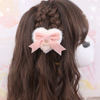 Jirai Kei Fluffy Heart Velvet Bow Pearl Charm Hair Clip 01 pink bow Shoptery