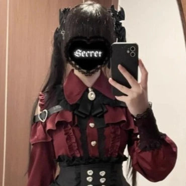 Jirai Kei Red Ruffle Blouse & Black Pleated Skirt Gothic Set Red Blouse Only Shoptery