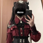 Jirai Kei Red Ruffle Blouse & Black Pleated Skirt Gothic Set Red Blouse Only Shoptery
