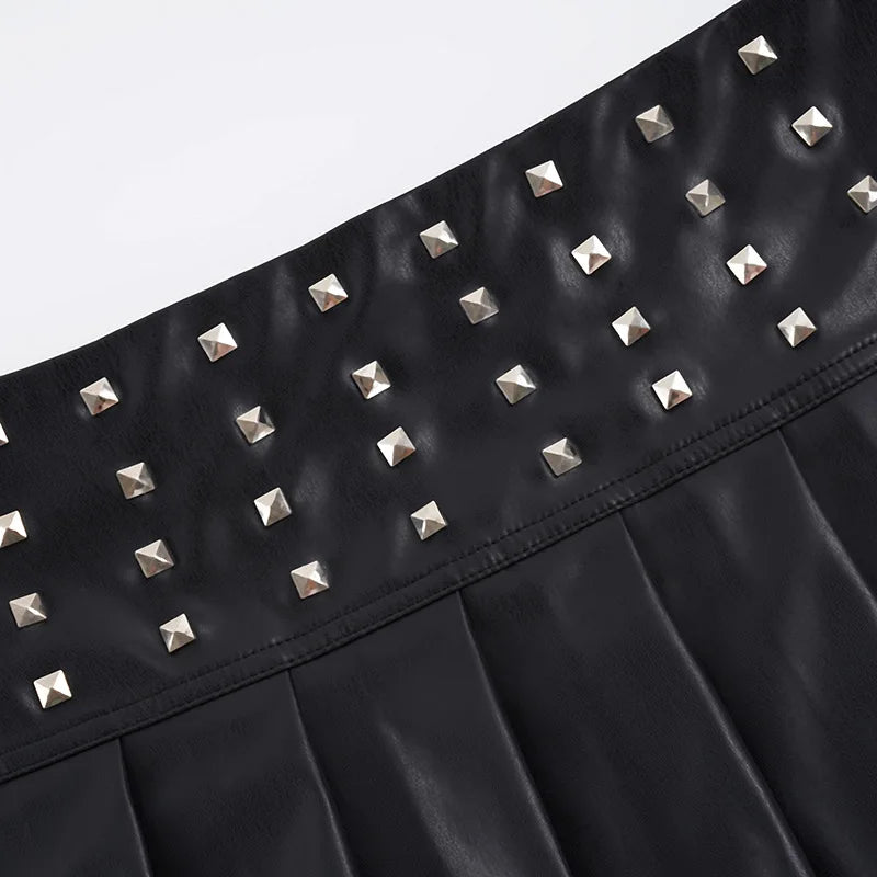 Visual Kei Black PU Leather Studded Pleated Mini Skirt Shoptery