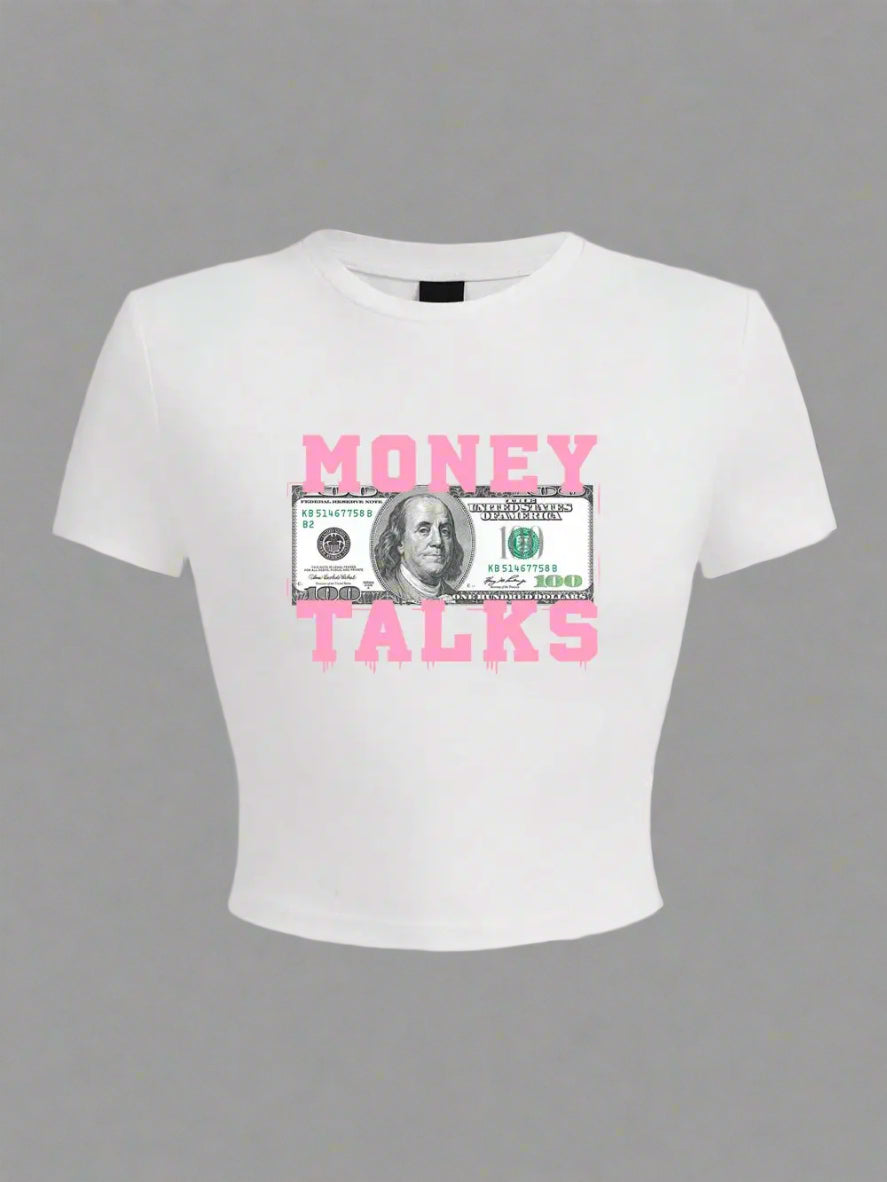 Money Talks Graphic Y2k Crop Top White Shoptery