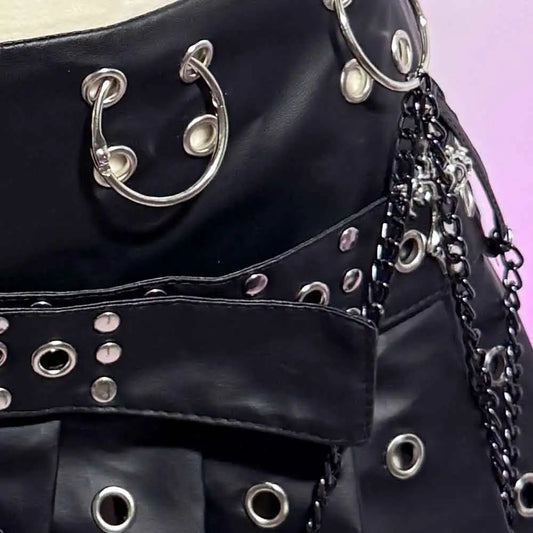 Visual Kei PU Leather Pleated Mini Skirt with Chains & Cross Charms Shoptery