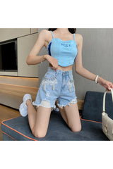 Y2k Pearl Bow Embellished Denim Shorts Shoptery