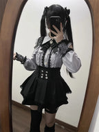 Jirai Kei Red Ruffle Blouse & Black Pleated Skirt Gothic Set Shoptery