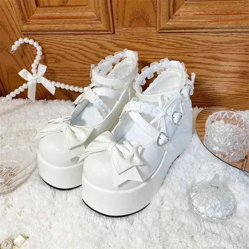 Jirai Kei White Patent Bow Platform Mary Jane Shoes with Lace Socks WHITE Shoptery