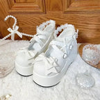 Jirai Kei White Patent Bow Platform Mary Jane Shoes with Lace Socks WHITE Shoptery