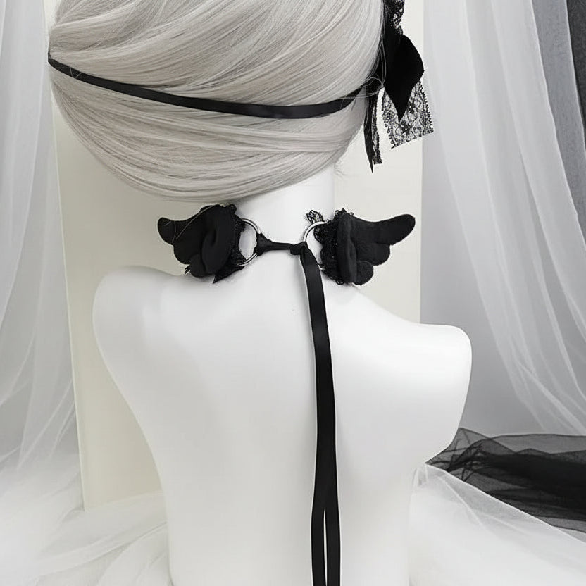 Jirai Kei White Lace Choker with Heart Bell Pendant & Angel Wings Secondary image