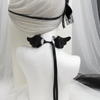 Jirai Kei White Lace Choker with Heart Bell Pendant & Angel Wings Shoptery