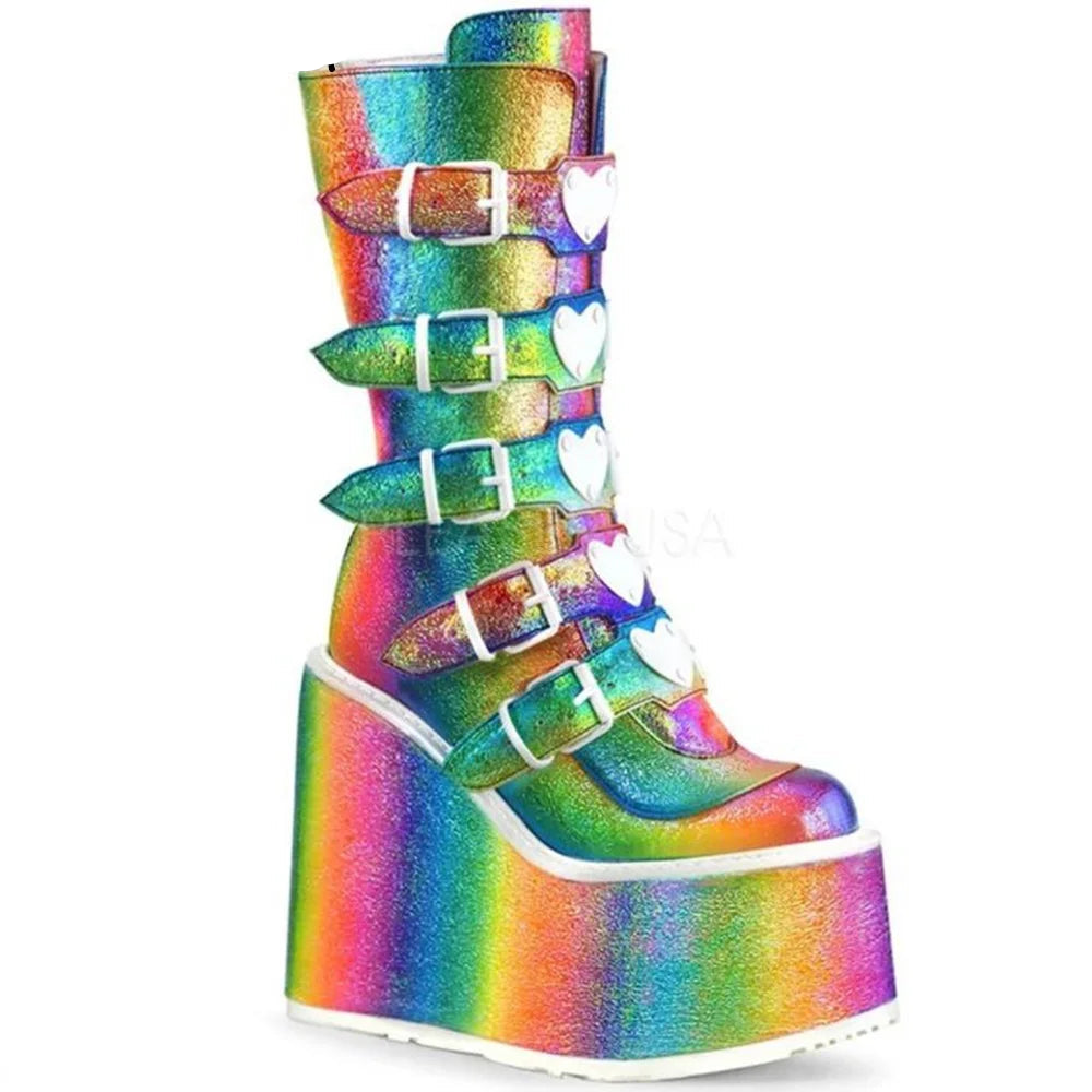 Decora Rainbow Heart Multi-Buckle Platform Mid-Calf Boots in Pink Secondary image