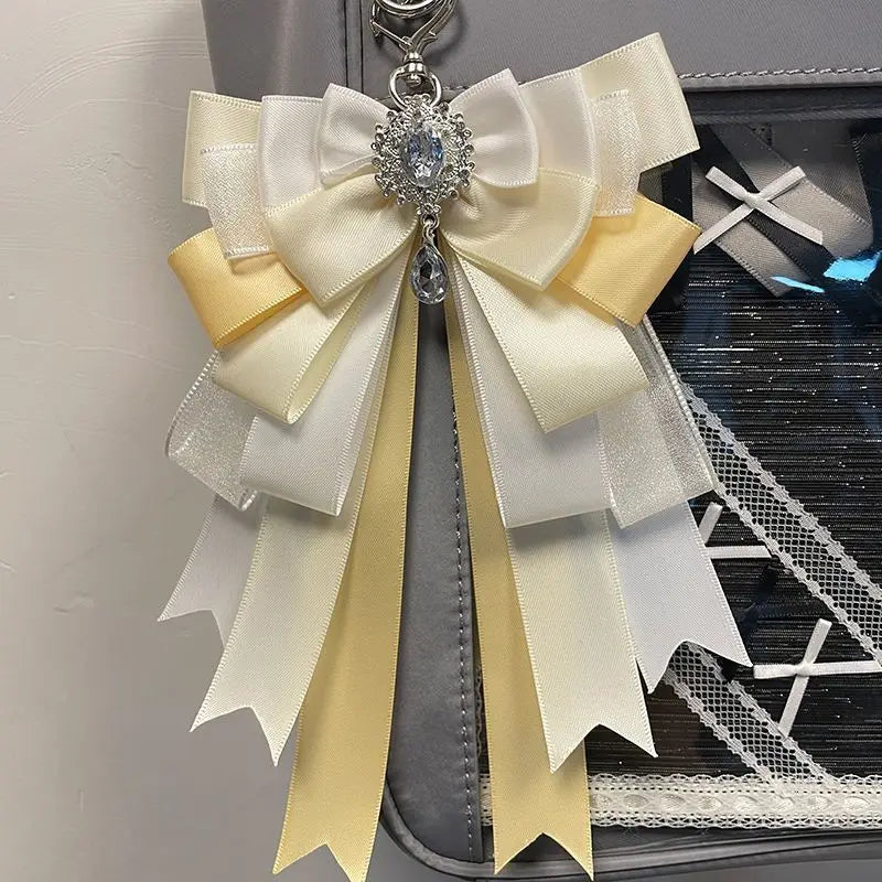 Fairy Kei Layered Satin Bow Charm Pendant with Crystal Jewel Yellow Shoptery